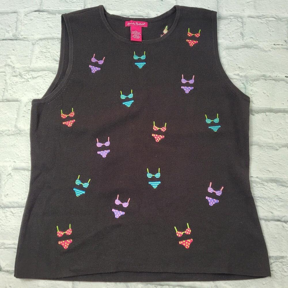Alexandra Bartlett Black Sleeveless Multicolor Embroidered Bikini Sweater Large